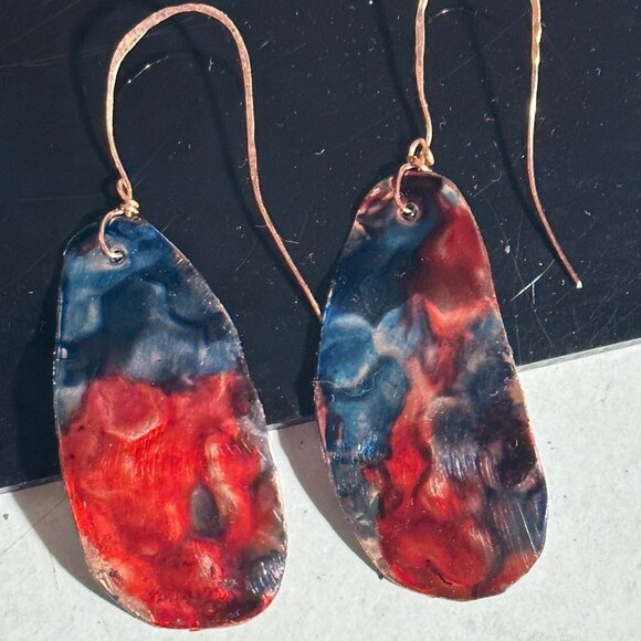 Festive Blue Red Copper Embossed Earrings Handmade Textured Painted Rustic Boho - Picture 1 of 11